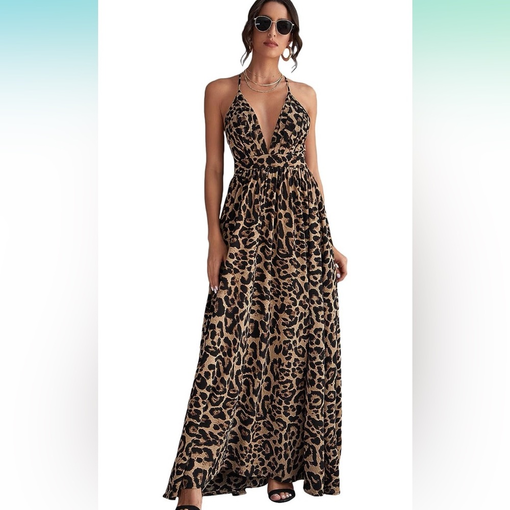 Floerns Women's Deep V Neck Leopard Crisscross Backless Beach Maxi Dress